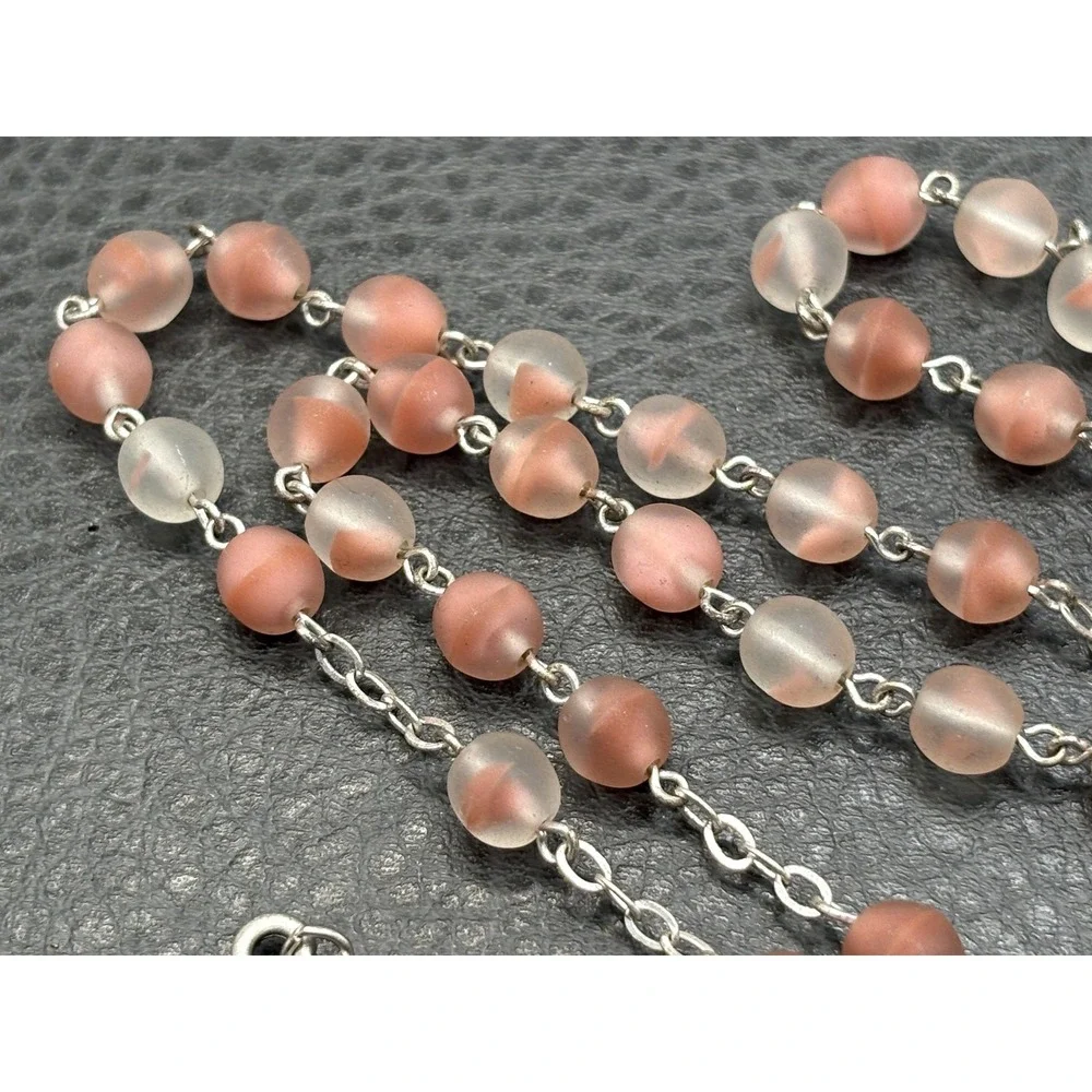 Dogwood Tree Pink Glass Rosary Bead Necklace Cross Pendant Silver Tone Boho